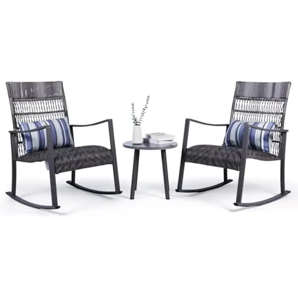 

3-Piece Patio Rocking Chair Set – Outdoor Rocker Chairs w/Cushions and Faux Stone Table, All-Weather PE Rattan Porch Furniture