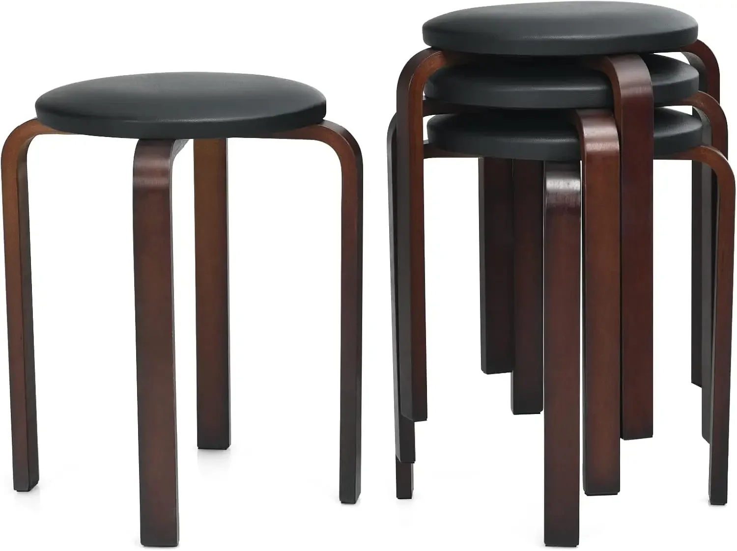 Hysache Set of 4 Bar Stools, 18.5'' Backless Round Stools w/Cushioned Seat & Non-Slip Foot Mats, Stackable Wood Dining Stools