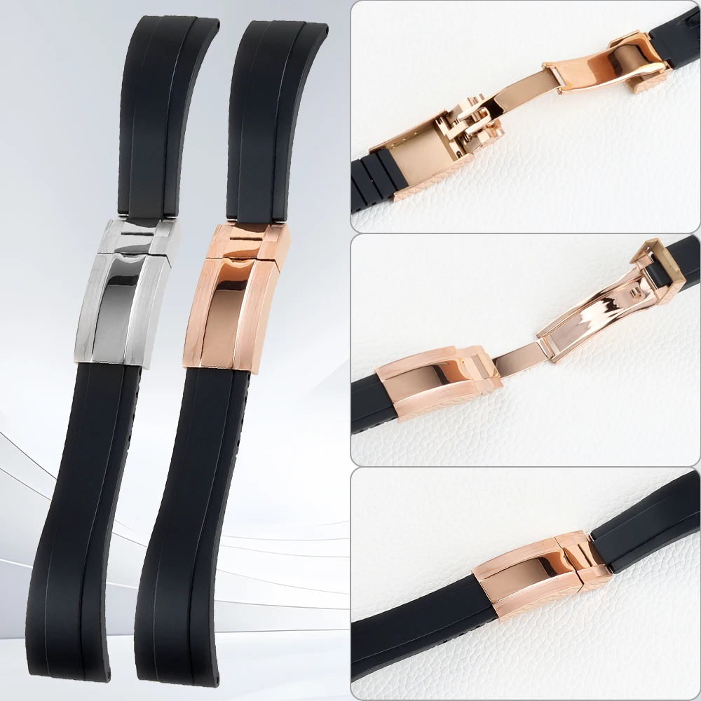 أسود 20 مللي متر عرض حزام الساعات سوار مطاطي فضي/أسود/ذهبي وردي/ذهبي صلب 316L مشبك من الفولاذ المقاوم للصدأ حزام مطاطي #1