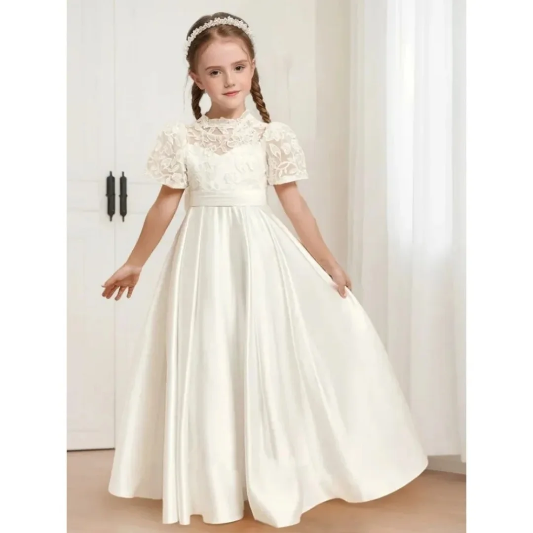 Customized Ivory Satin Lace Flower Girl Dresses For Wedding High Neck Puff Short Sleeves Kids Toddler Formal Occasion Party Gown