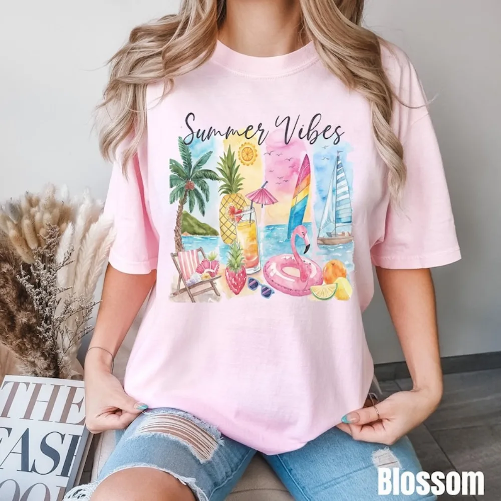 Brushstroke-Camiseta de vibraciones de verano para amantes de la playa, camiseta de flamenco de estética costera, regalo para amantes del océano, vacaciones en la playa