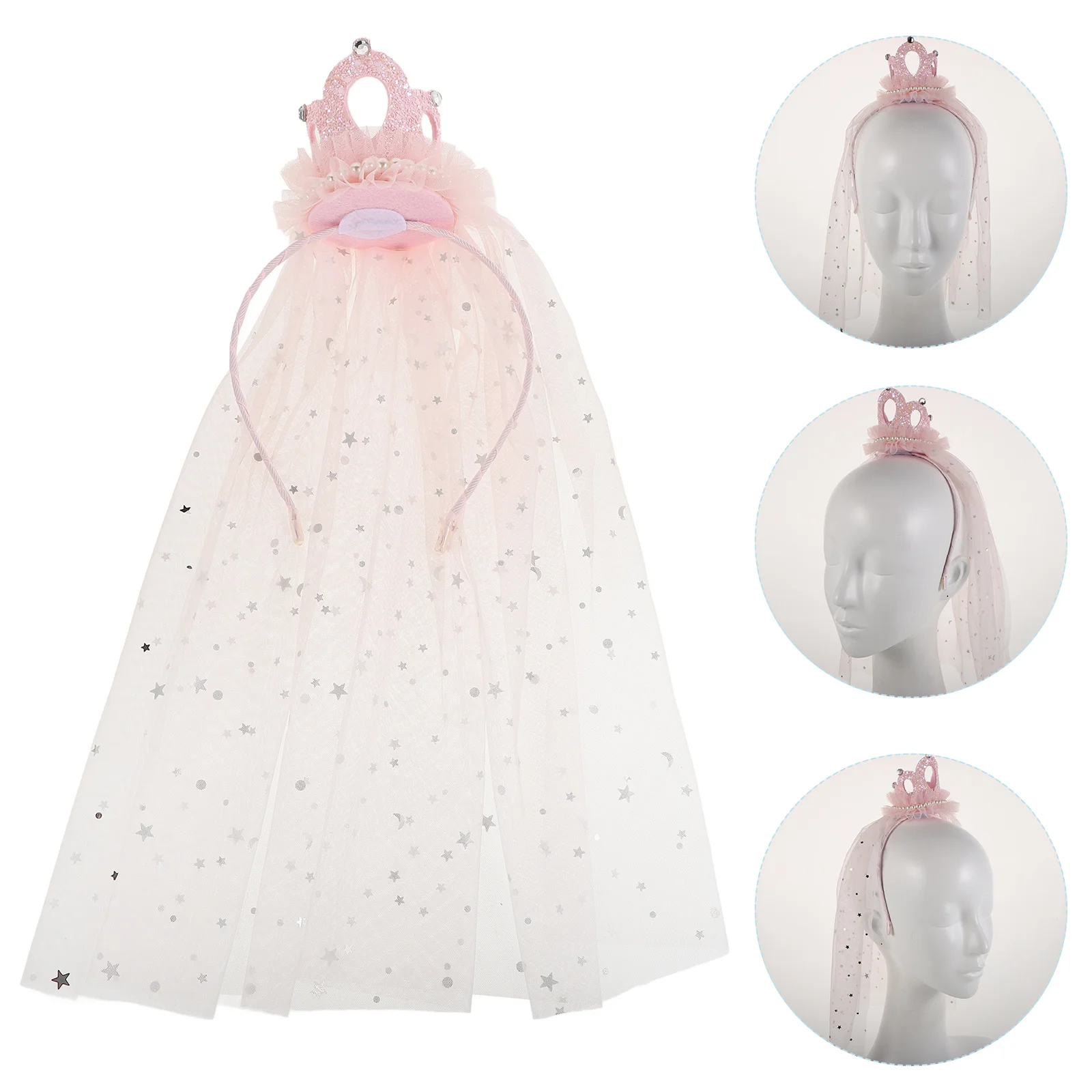 

Flower Headpiece White Crown Veil For Princess Birthday Bridal Headband Pearl Crystal Wedding Accessories