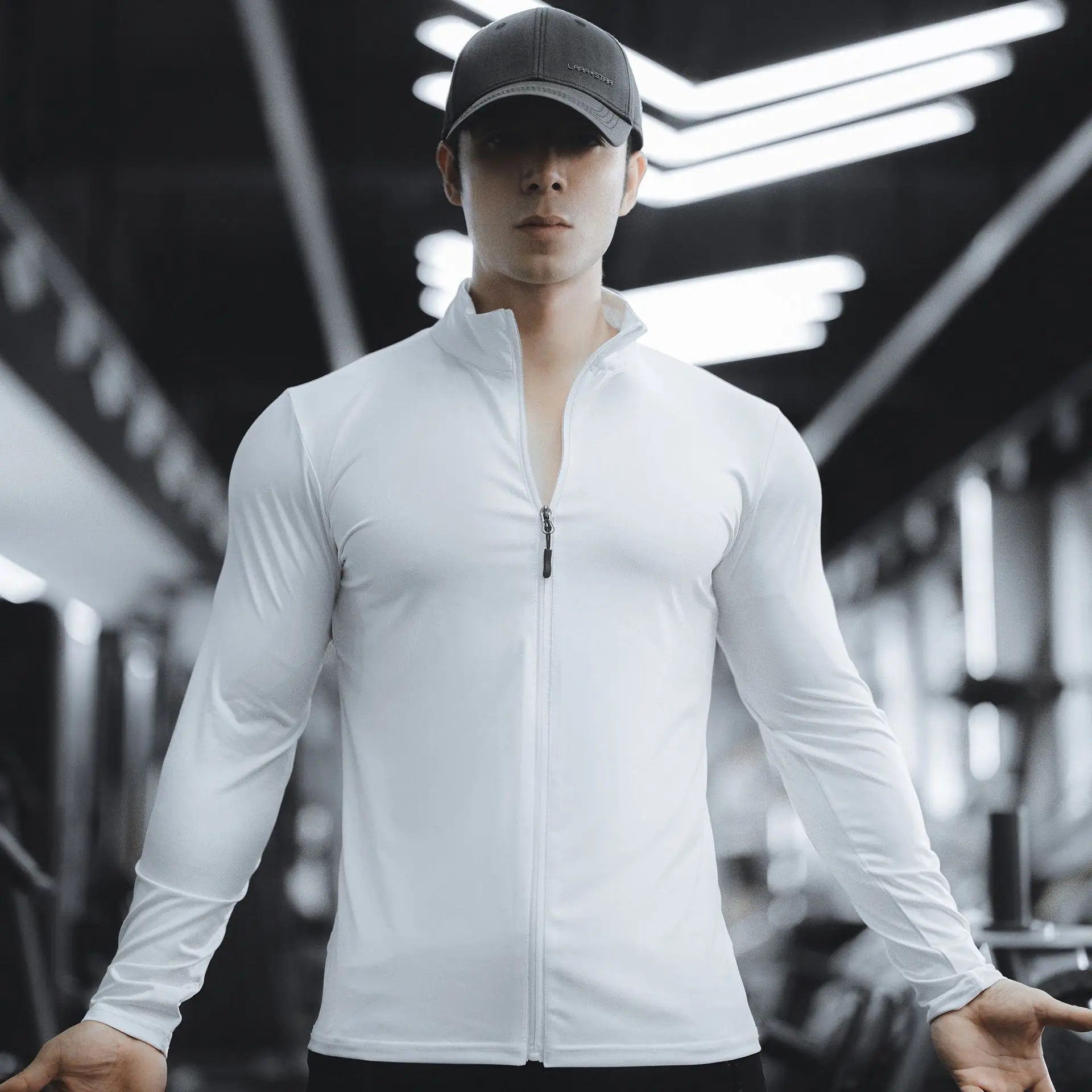 Spring Autumn Men's Quick Dry Stretch Long Sleeve T-shirt Solid Color Zip Up Muscle Fit Top for Gym Running Workout.
