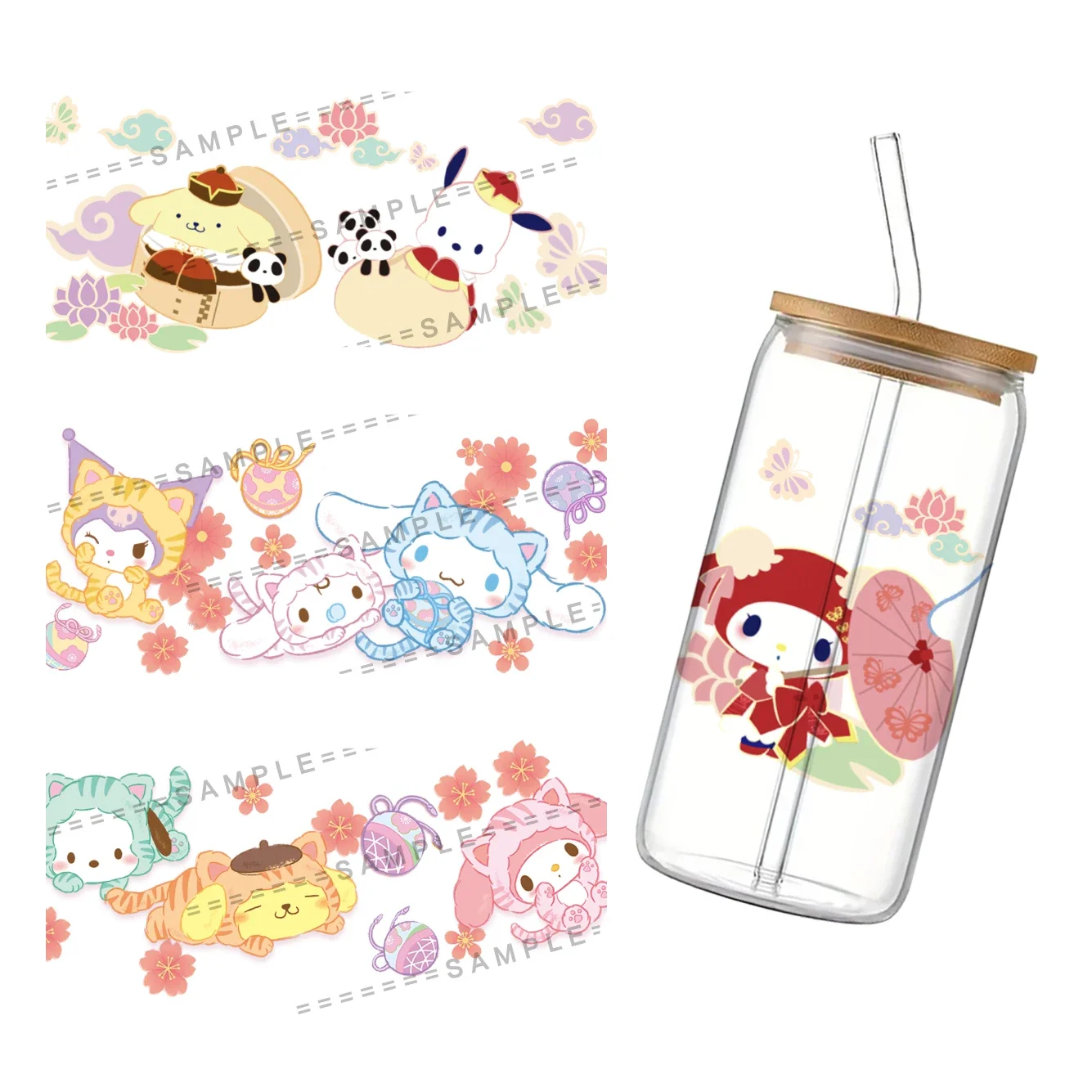 Sticker Uv Dtf Overdracht Sanrio Schattige Karakters Voor 16Oz Wrap Glazen Bekers Hoge Temperatuur Weerstand Diy Waterdichte Aangepaste Stickers