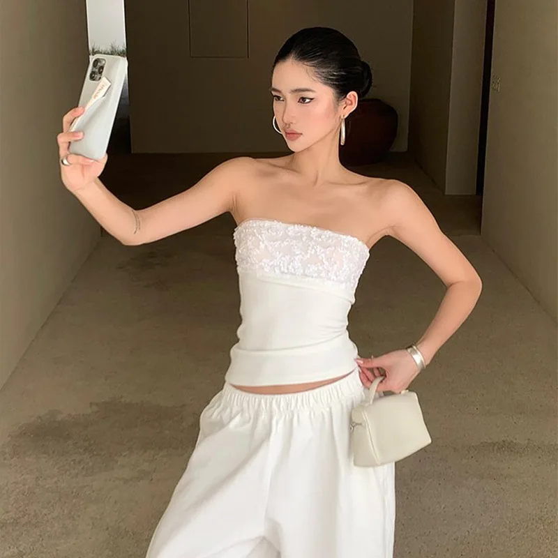 T shirt women 2026 fashion new sequined strapless white sleeveless slim sexy off shoulder neckline summer women tshirt clothing