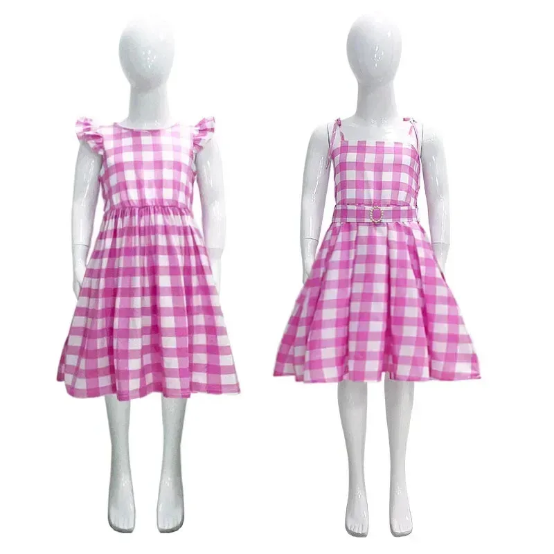 

Girl Movie Margot Robbie Barbi Costume for Kids Girls Birthday Party Pink Plaid Dress