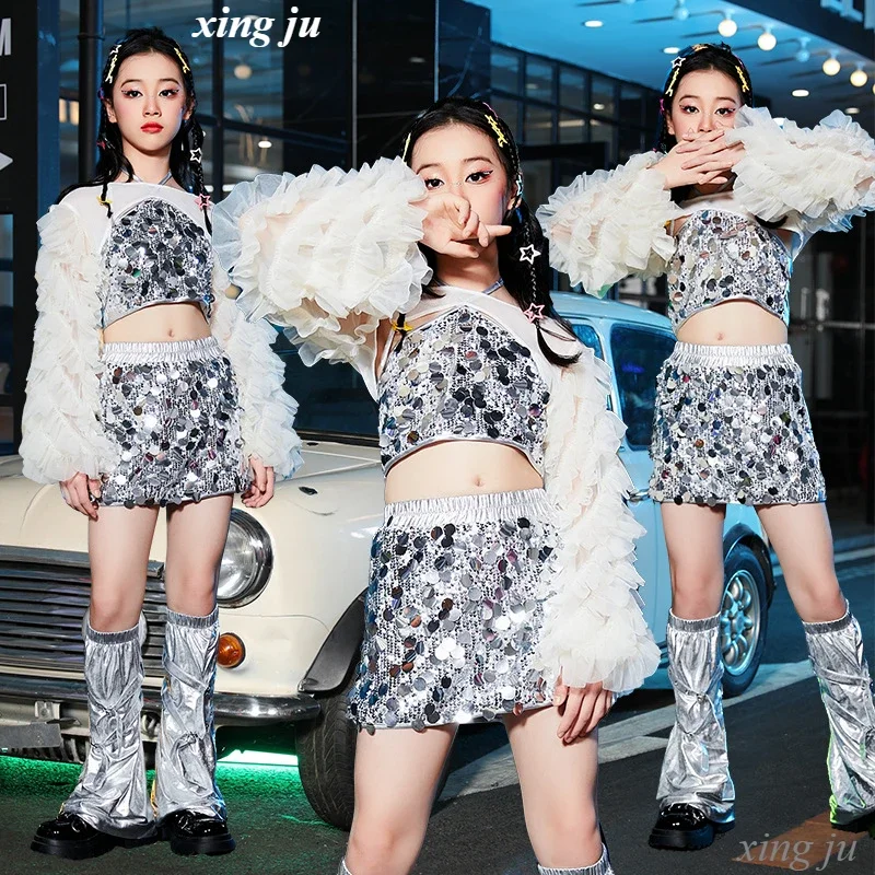 Silver Dance Wear Jazz Dance Costume Girls Cheerleading Outfit Kpop Clothing Girl Runway Show Clothes Hip Hop Jazz Dancewear