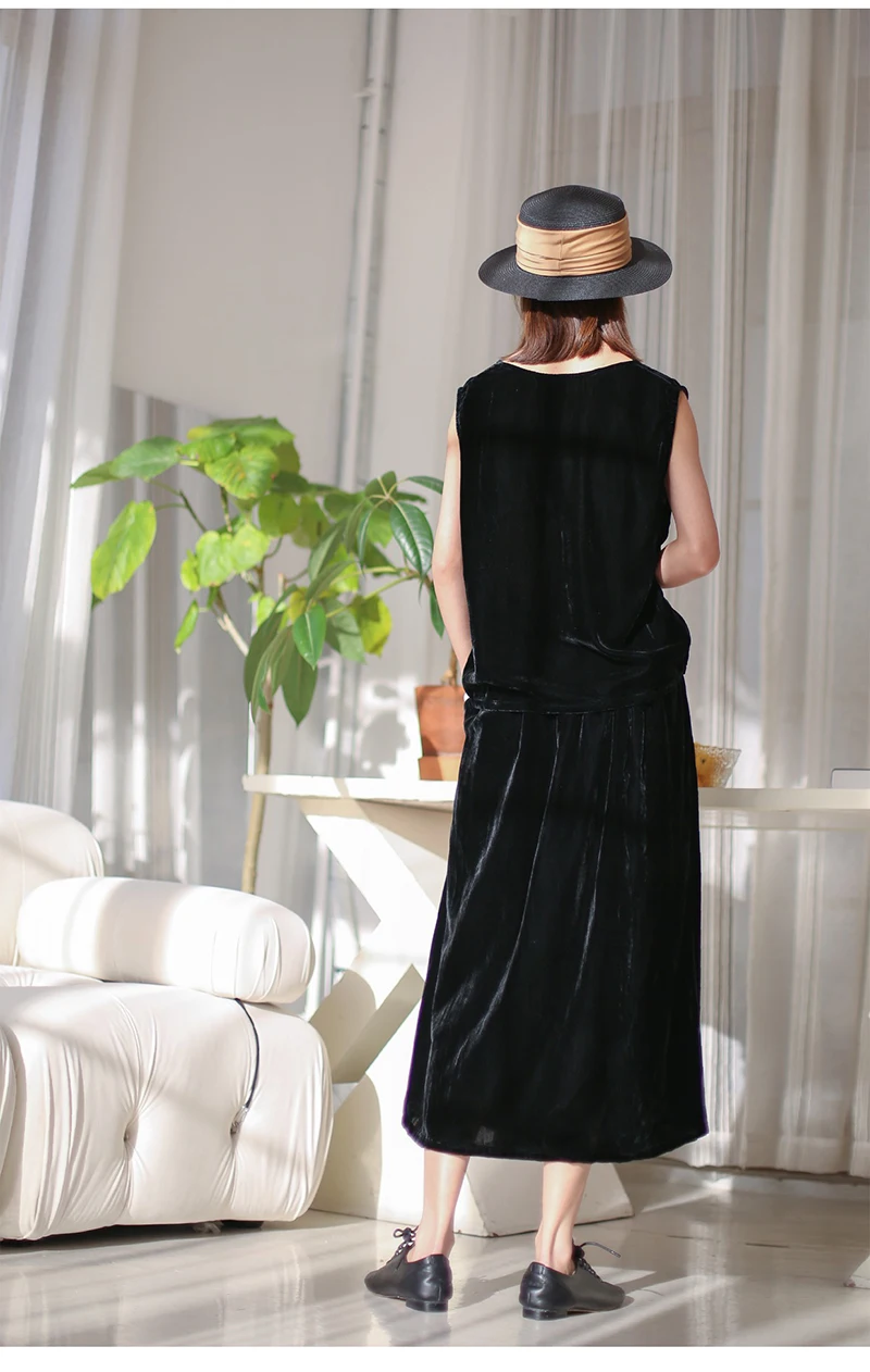 High-end 100% Silk Velvet Women's Suit, Black Vest and Skirt, 2-piece Set, Elegant, Comfortable Soft Lustrous High-end Wear