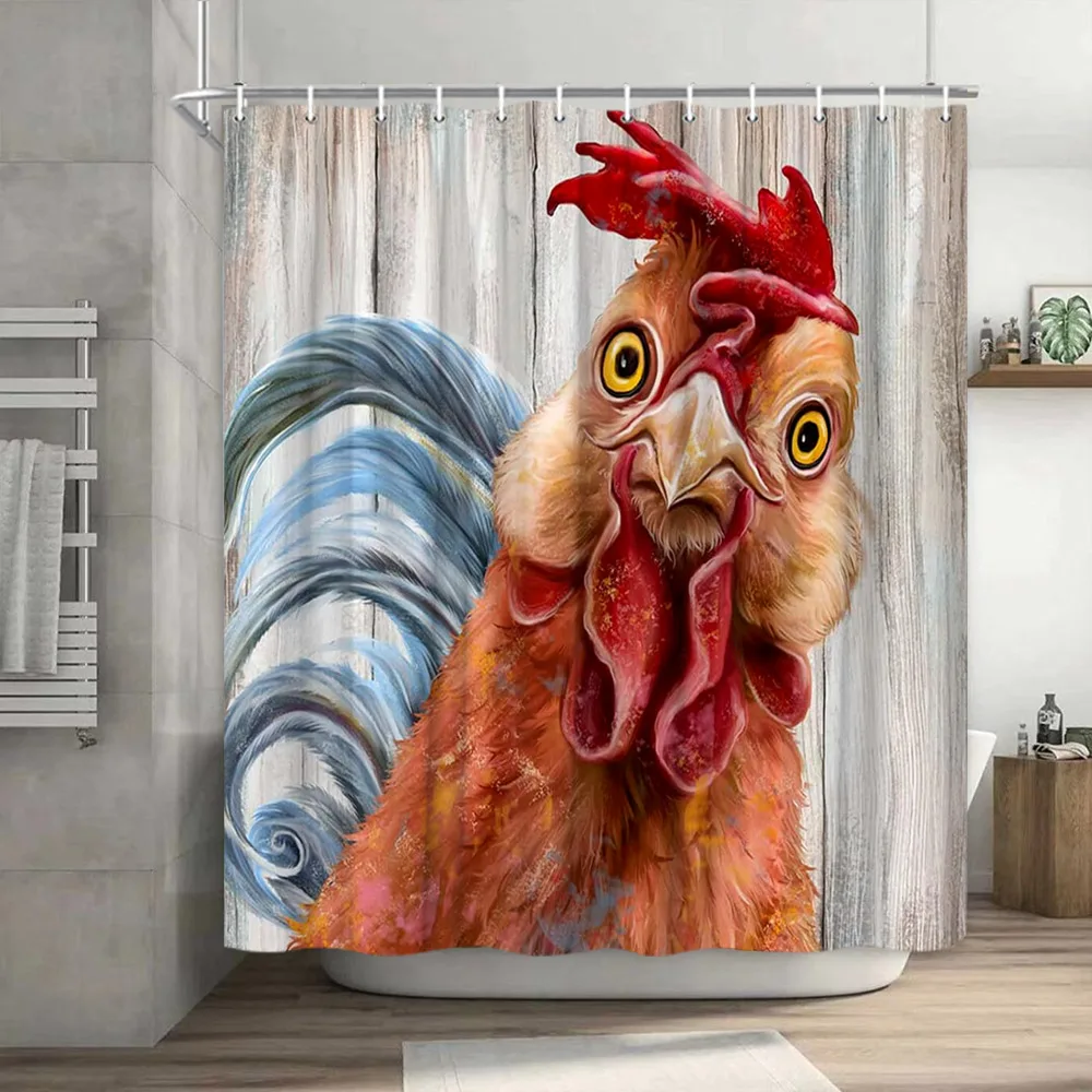 Shower Curtain Set Funny Rooster Farmhouse Country Animal Print Shower Curtain Polyester Washable Hanging Curtain Bathroom Decor