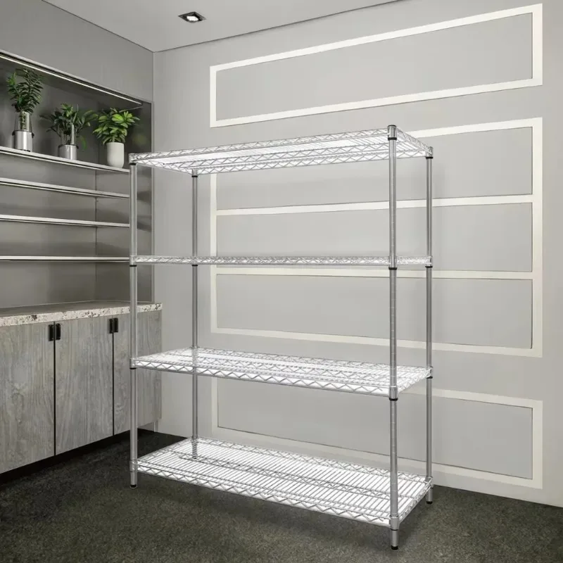 4Tier Wire Storage Rack Chrome Plated Industrial Shelving Warehouse Workshop Stainless Steel Storage Organizer For Goods Storage