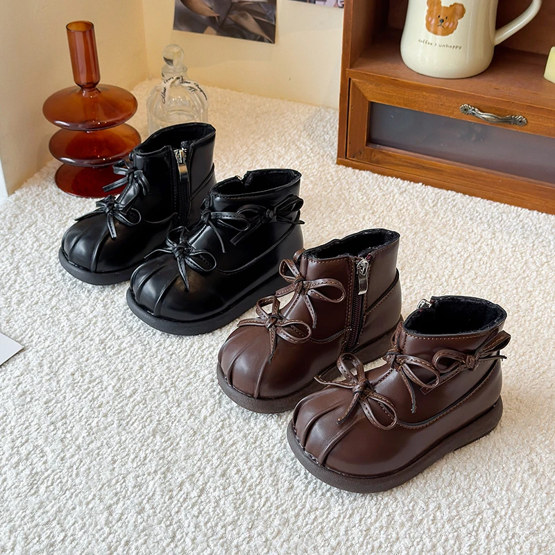لطيف الفتيات حذاء من الجلد مع أقواس بسيطة الاطفال الأميرة الأحذية بلون 2025 شتاء جديد الأطفال الأحذية الجلدية مع سحاب جانبي #1