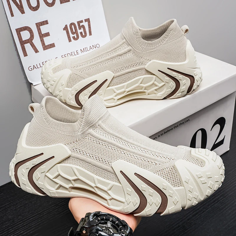 Men Slip-On Knit Sock Sneakers Summer Breathable Loafers Non Slip Rugged Thick Sole Outdoor Trekking Daily Walking Sports Shoes