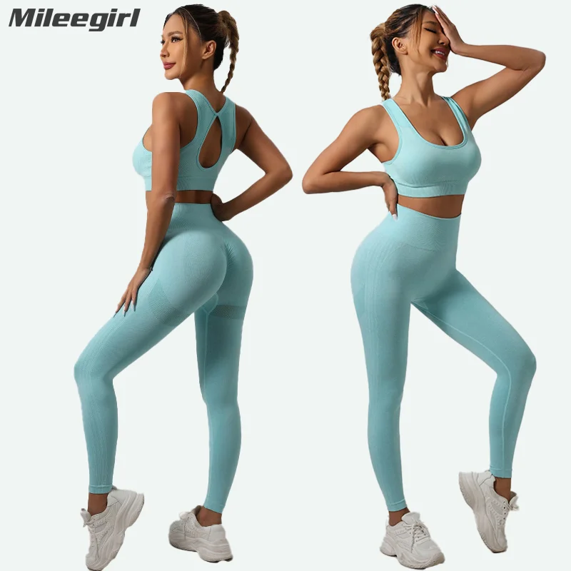 

Mileegirl Hollow Back Yoga Bra Set for Women, 2pcs Seamless Sports Pants Sets, High Waist Fitness Gym Legging Workout Tights