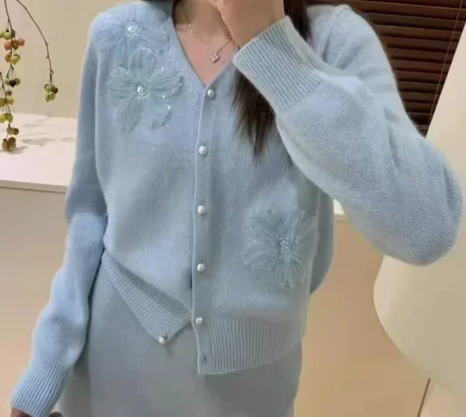 ربيع الخريف محبوك لينة مريحة تصميم الأزهار المرأة المفتوحة سترة الخامس الرقبة أكمام العصرية سترة عارضة نمط مريح #2