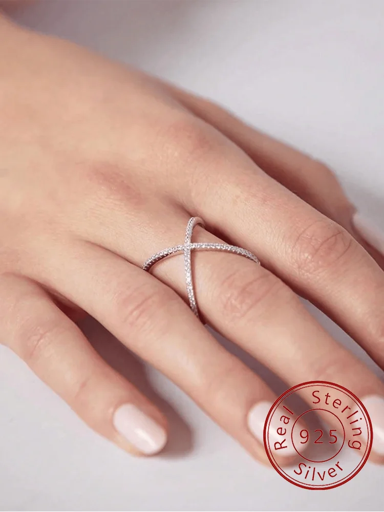 

Стерлингового Серебра 925, модное персонализированное X-образное блестящее кольцо с цирконом для женщин, подарок, юбилейное кольцо, серебряный цвет, ювелирные изделия