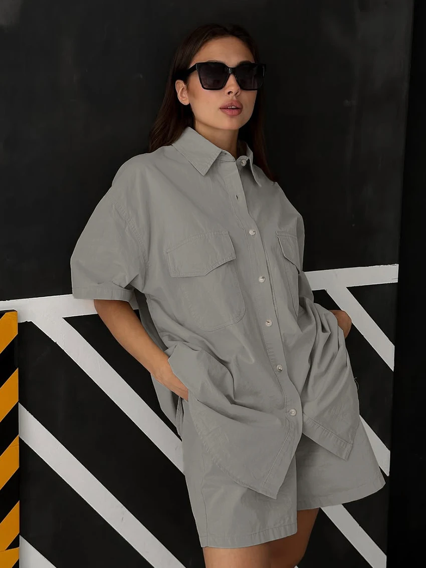 Marthaqiqi Loose Summer Ladies Sleepwear Suit Half Sleeve Nightgowns Turn-Down Collar Nightwear Shorts Cotton Female Pajamas Set
