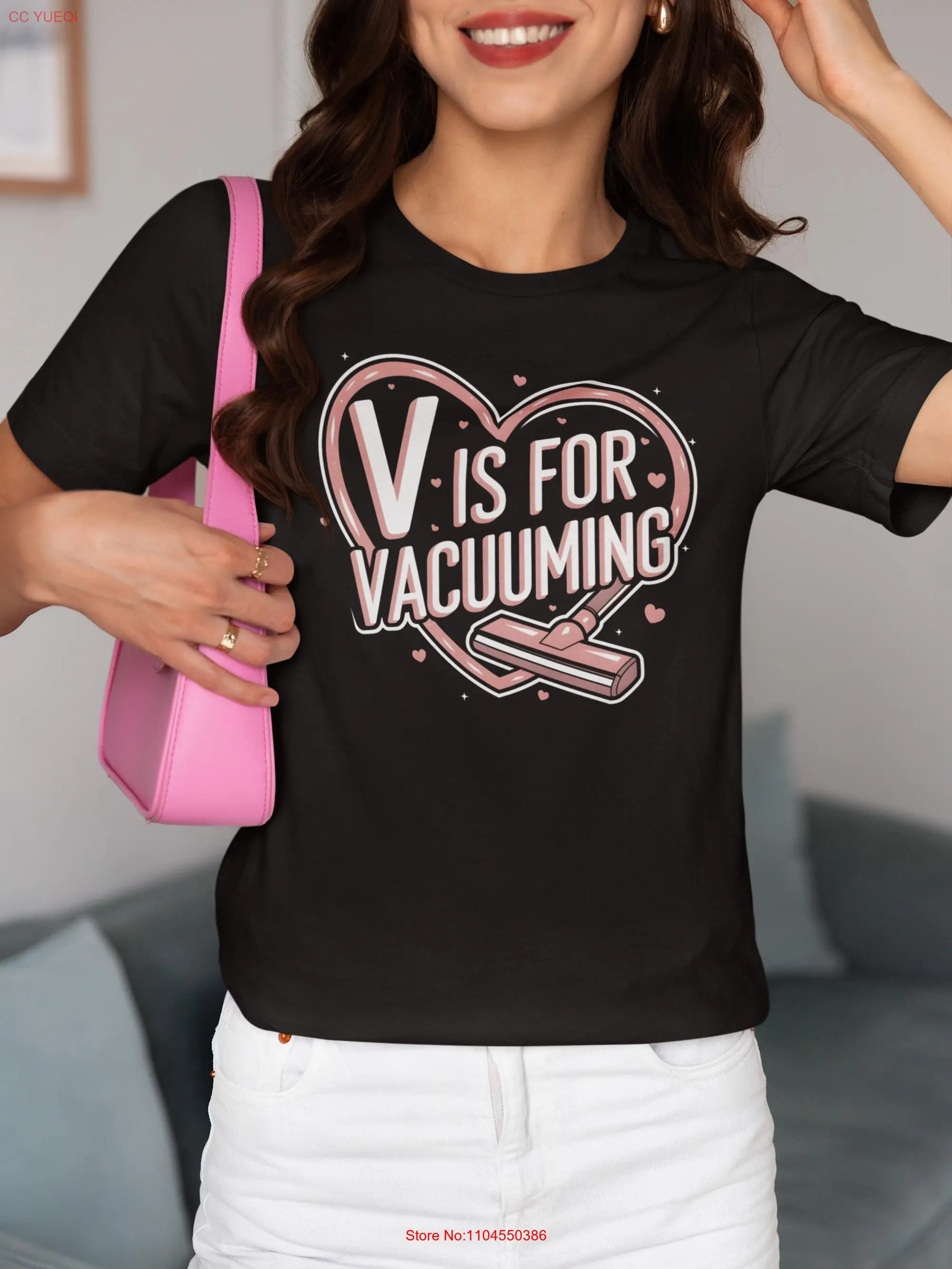 Funny Valentine T Shirt V Is For Vacuuming Cleaning Lady Humor long or short sleeves