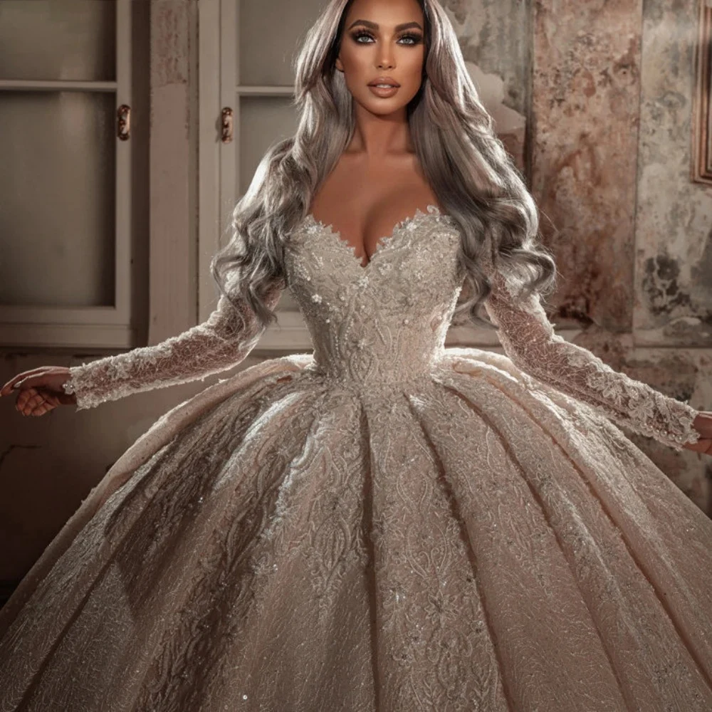 Luxury Princess A Line Glistening Wedding Dress V-neck Long Sleeve Sequiins Beading Bridal Gown Customized Marriage Dresses2024