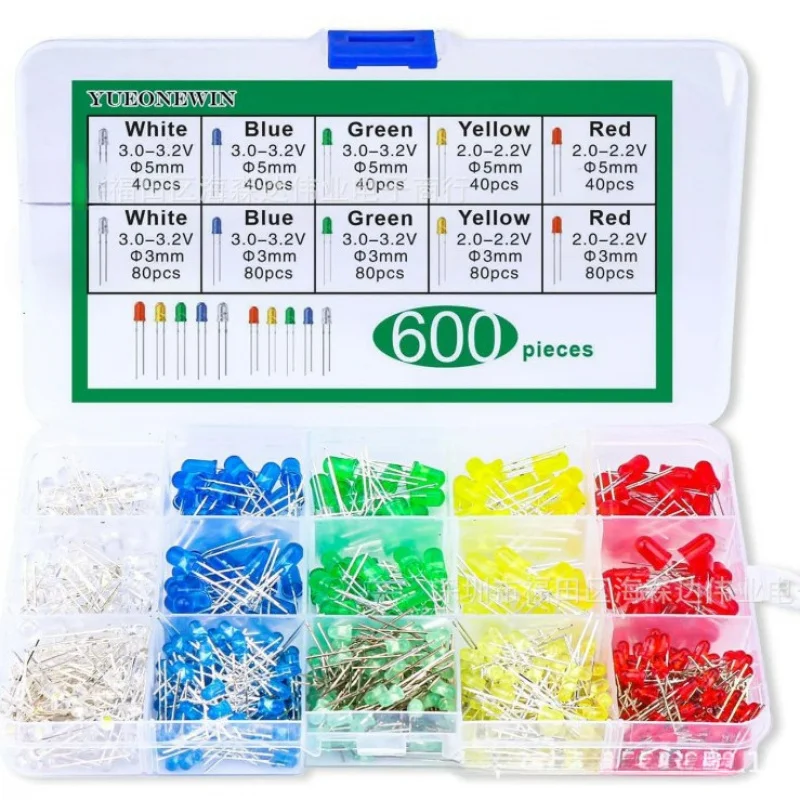 Bulk 5 Colors LED Light 600 Pieces F3 F5mm LED Diode Red Yellow Blue Green White Assortment Box for DIY Project Indicator Light