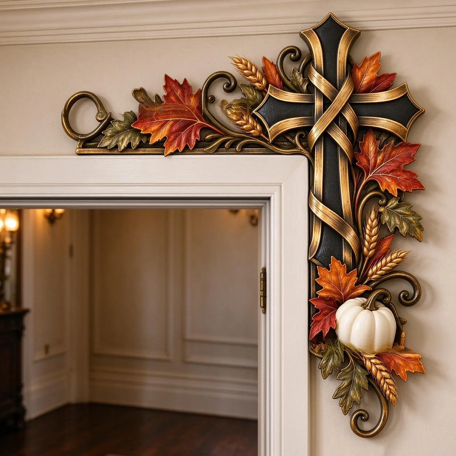 Fall Wall Decor Pumpkin Maple Leaves Cross Vintage Rustic Sign Door Frame Decor Wall Art For Living Room Bedroom Entryway