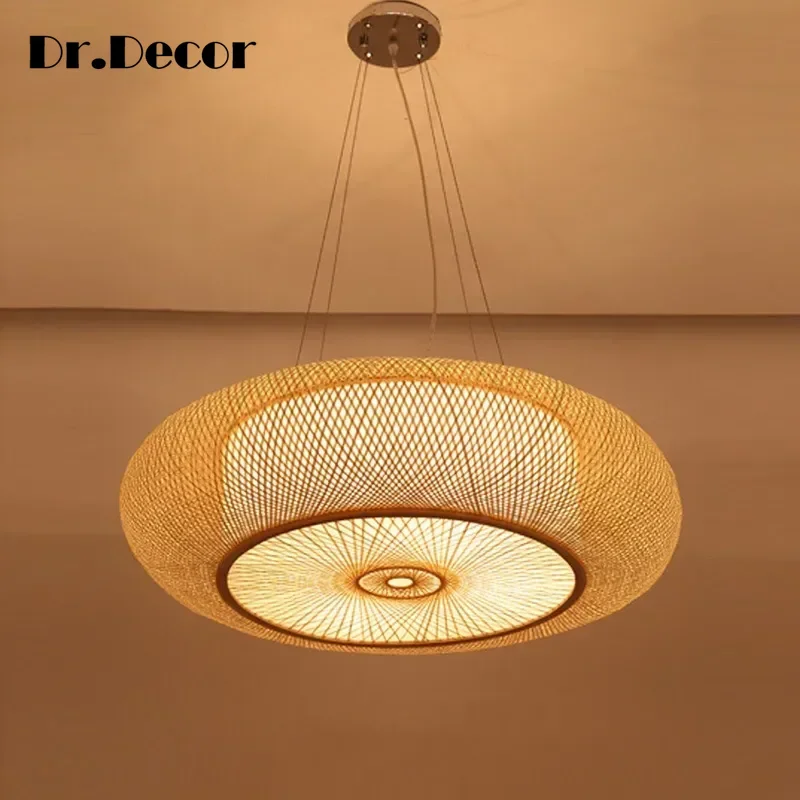 X2-Designer's New Chinese Style Rattan Bamboo Woven LED Pendent Lamp Living Room Bedroom Rural Creative Decorative Lighting