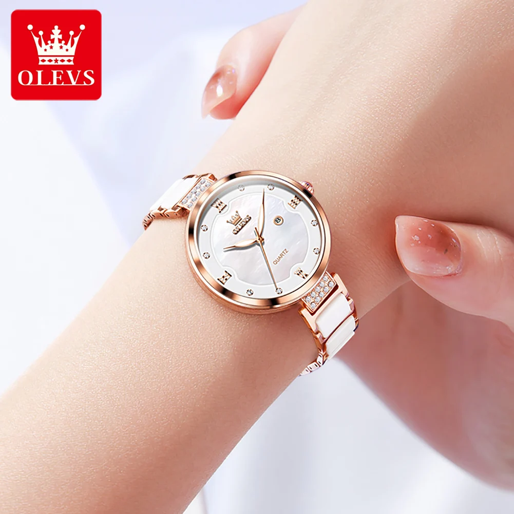 OLEVS Elegant Ceramics Strap Quartz Watch for Women Waterproof Luminous Auto Date Ladies Hand Clock Luxury Brand Wristwatch Sets