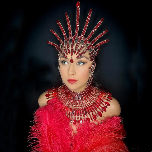 CUIER Niesamowity naszyjnik z czerwonego szkła Strass dla kobiet pokazuje Drag Queen przesadną biżuterię w ogromnych rozmiarach