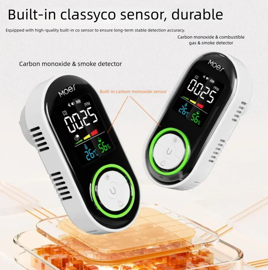 Combustible Gas Sensor CO Smoke Detector with Temperature And Humidity Monitoring Alarm for Kitchen Garage