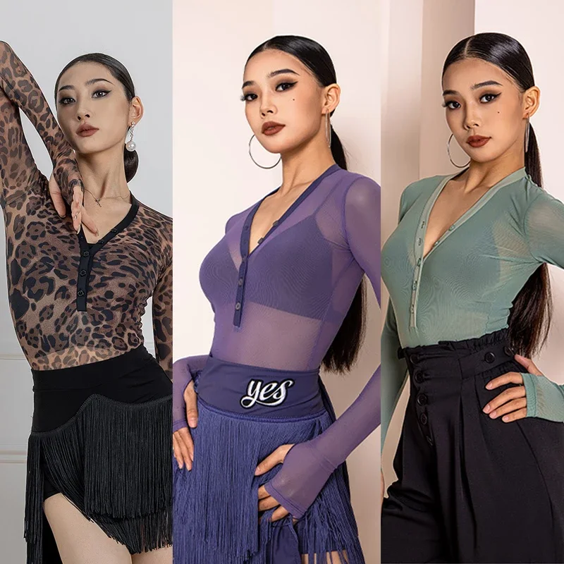 

Long Sleeves Mesh Ballroom Dance Tops Women Modern Dancing Top Adults Rumba Samba Latin Dance Bodysuit Practice Wear