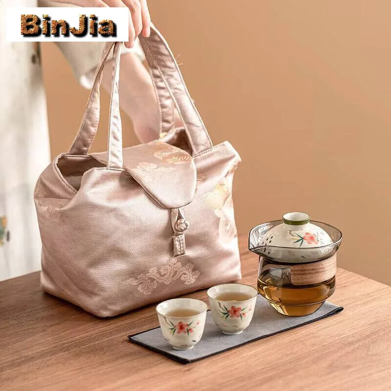 

Ручная роспись персикового цвета, кунг-фу, дорожный чайный сервиз для улицы, против ожогов, ручное пивоварение, быстрая гостевая чашка, 1 горшок, 2 портативных сервиза