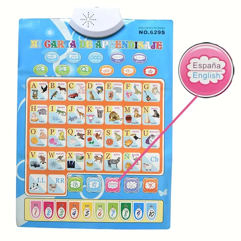 Spanish English Language Phonic Chart Children's Educational Computer Toy for Kids Learning Machine Poster Toys Gift with Music