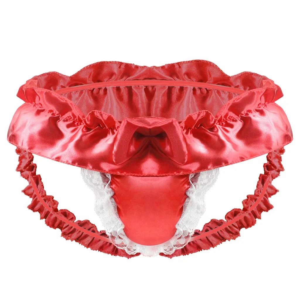 

Erotic Men's Jockstrap Gays Sexy U Convex Pouch Panties Sissy Silky Smooth Lace Ruffled Bowknot Backless Crossdressing Lingerie