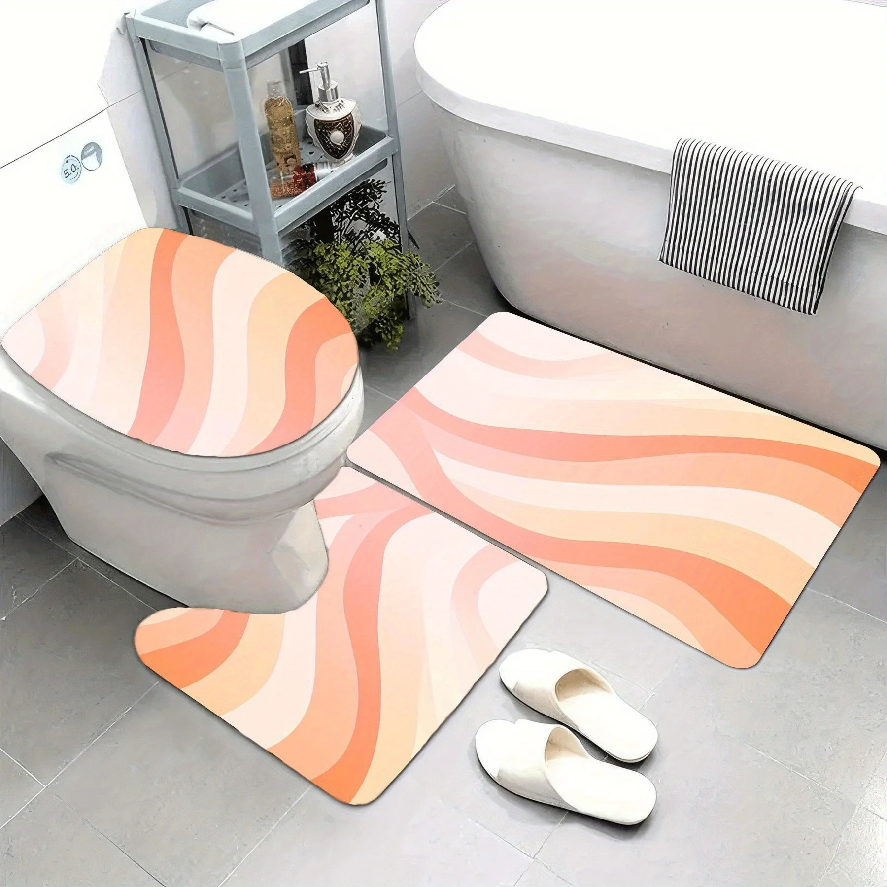 3pc Peach striped bathroom set, U-shaped mat, non-slip mat, toilet seat cover, suitable for bathroom decor.