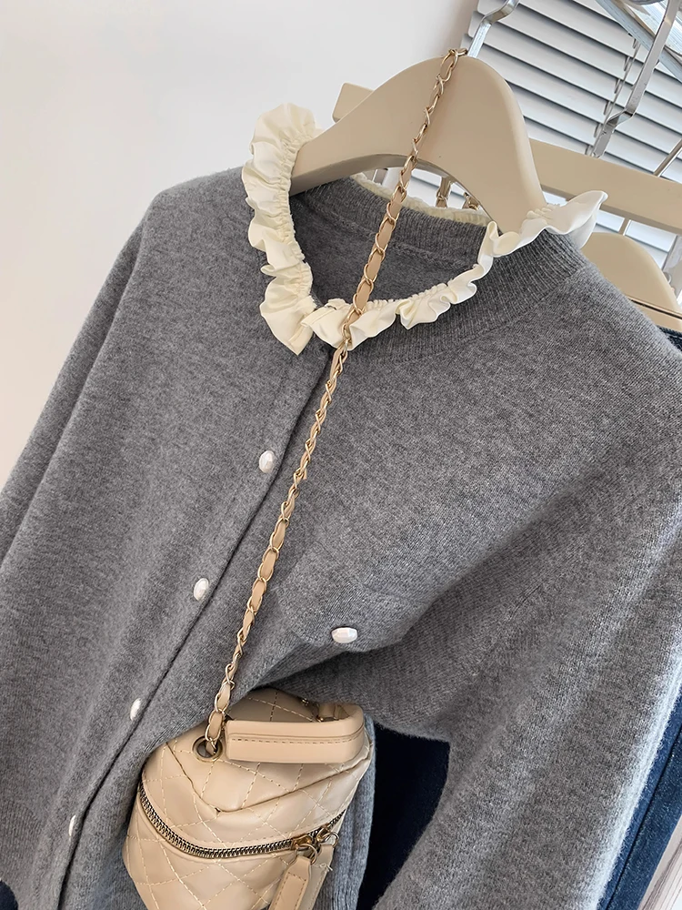 Fashion Round Neck Wooden Ear Edge Knitted Cardigan Autumn New Casual Versatile Long Sleeve Tops Loose Sweater