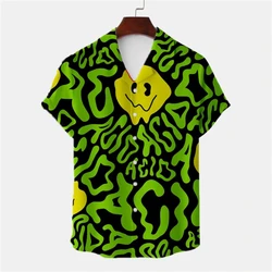 Camisa de manga corta con estampado de letras retorcidas para hombre, Tops cómodos informales de playa hawaiana con solapa, camisa suelta de talla grande