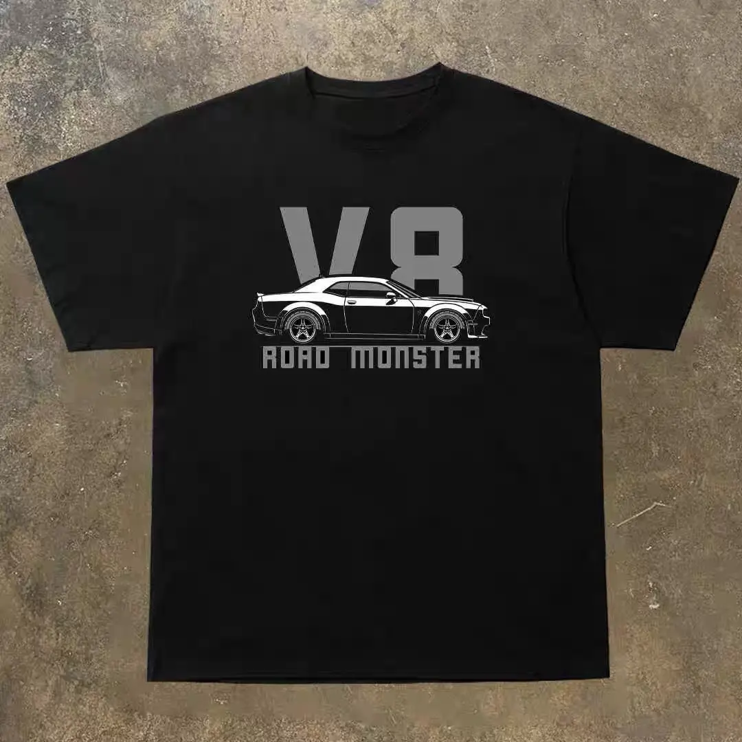 

2025 Summer T-shirt Short-sleeved American Street Muscle Car Car V8 Road Monster Large Size Loose Heavy Pure Cotton