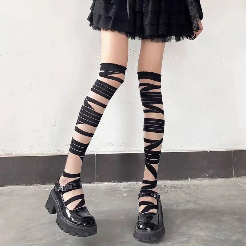 Y2k Ragazze Fasciatura Calze alte alla coscia Calzini lunghi in nylon ultrasottile Calze da donna Lolita Kawaii Calzini alti al ginocchio carini Calze