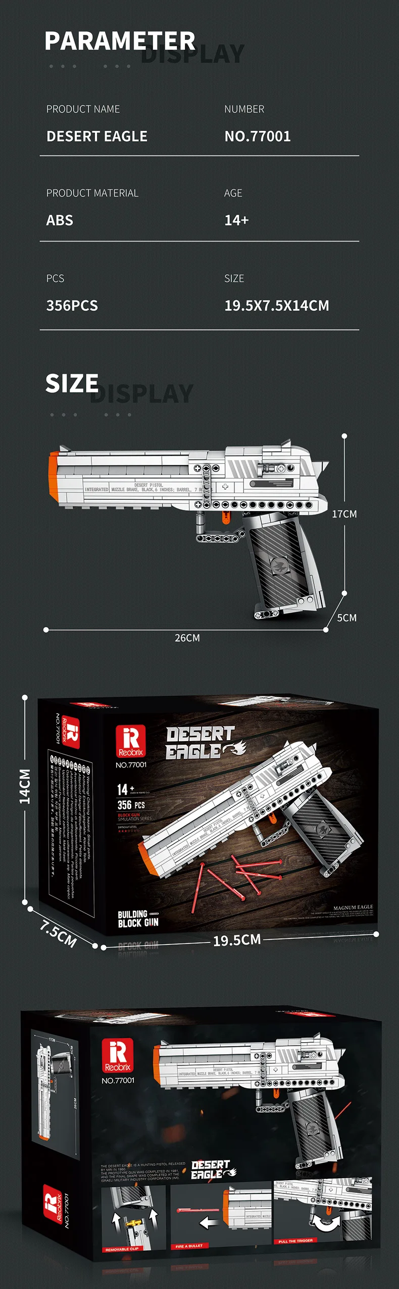Military Series Building Block 356PCS Desert Eagle Pistol Can Shoot Model DIY Assemble Puzzle Brick Wargame Toys Birthday Gift
