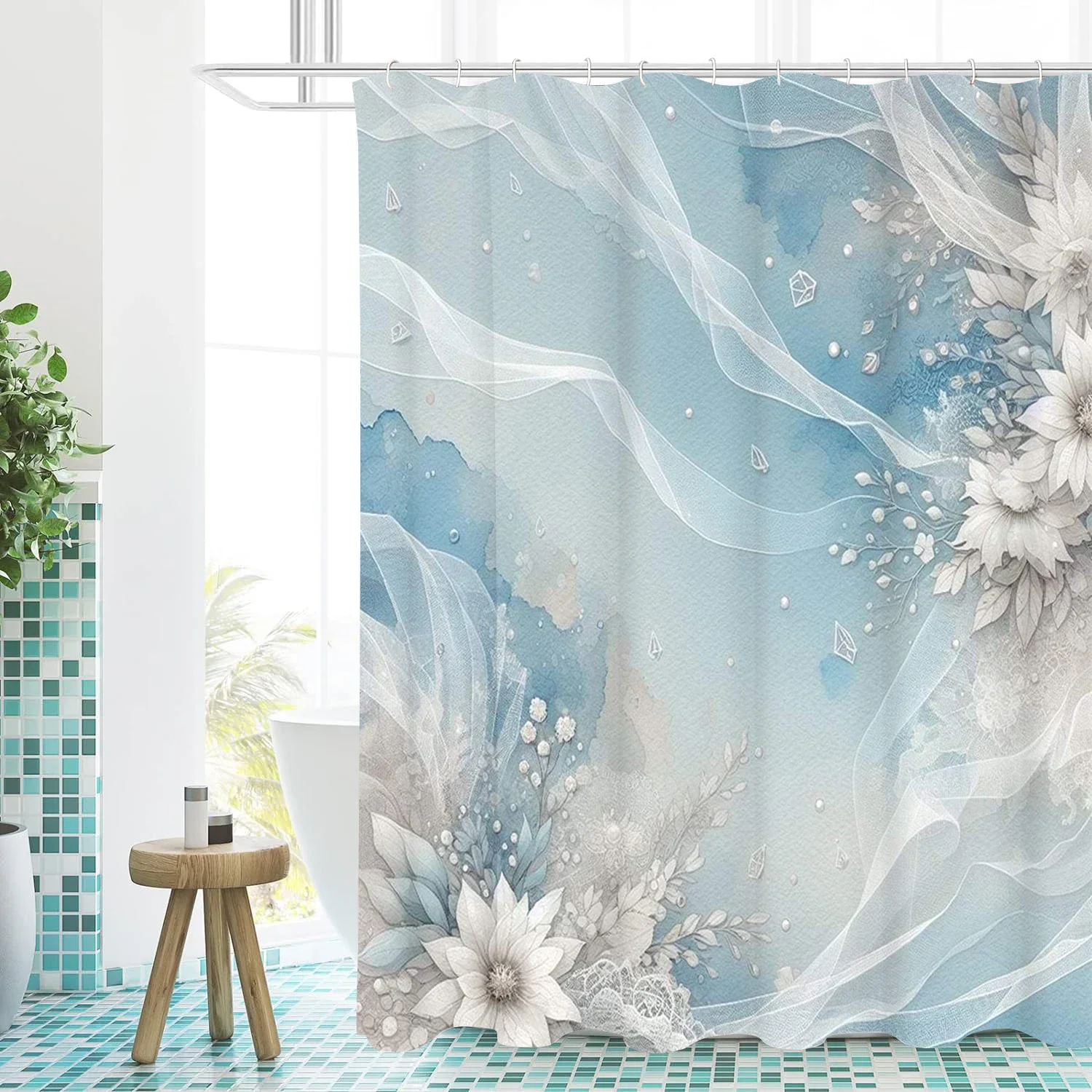 

Занавеска для купания с цветочным принтом, занавеска для душа с буквами для ванной комнаты, водонепроницаемая с 12 крючками, рыбы, домашний деко