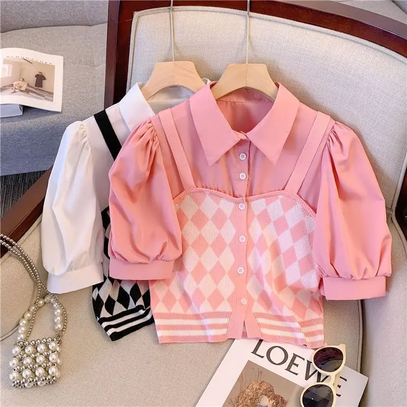 EBAIHUI Summer Fake Two-piece Women Short Sleeved Shirt Summer Short Puff Sleeve Ladies Blouse Korean Casual Lapel Neck Top 2024