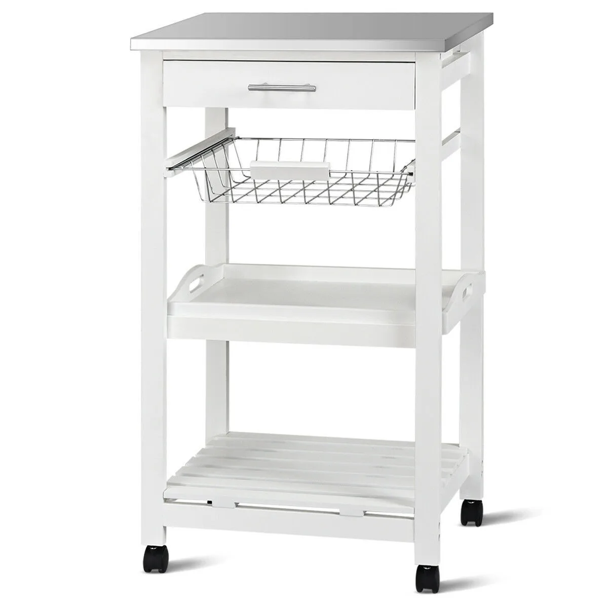 

Rolling Kitchen Trolley Cart Stainless Steel Tabletop Storage Basket & Drawers