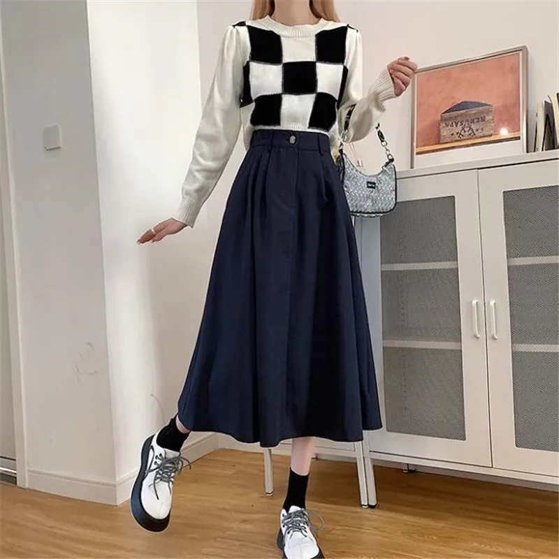 

2023 New Spring Summer High Waist Midi Skirt Women Casual Pocket Solid Color Loose A-Line Umbrella Skirt Female Petticoat