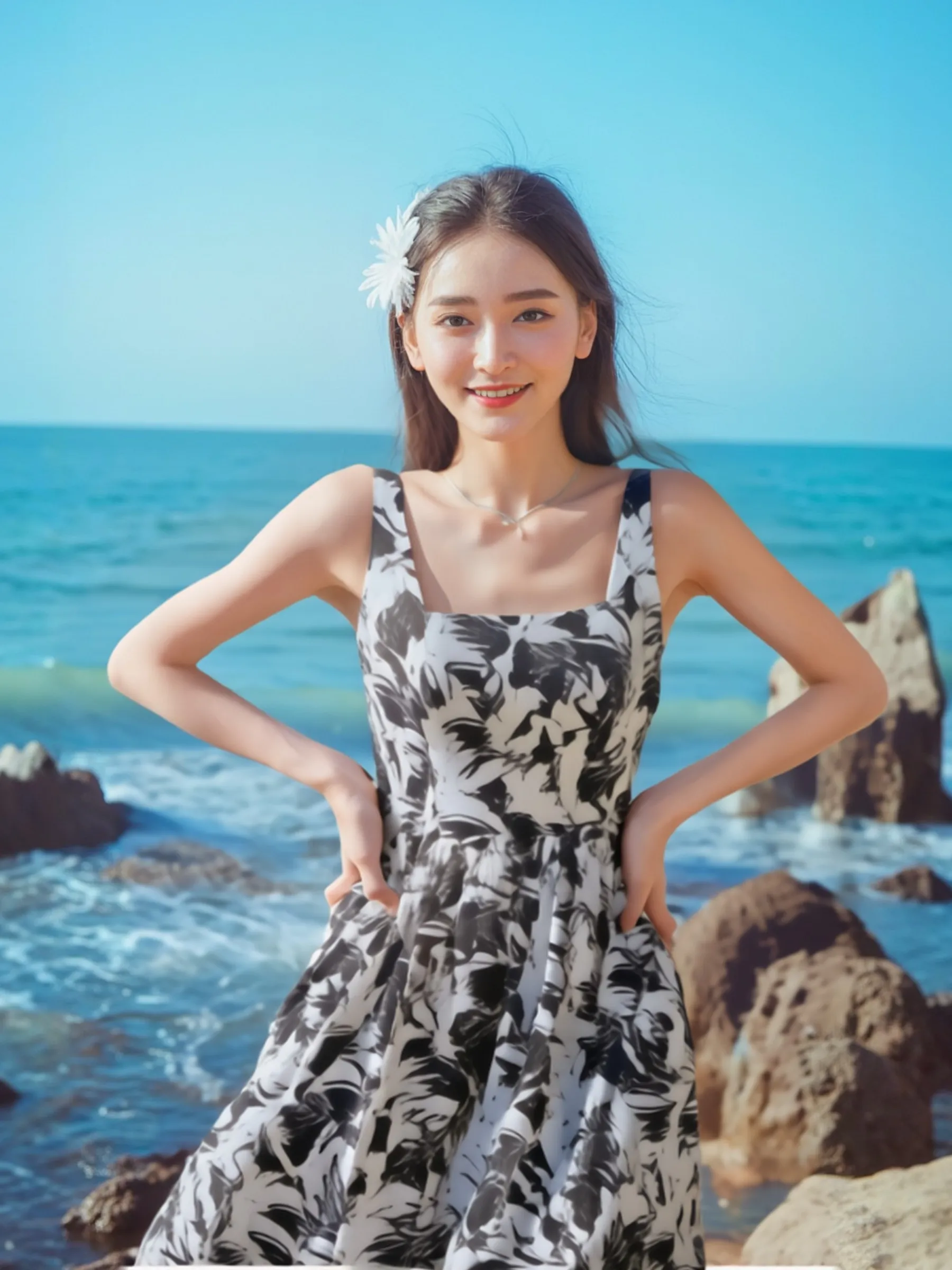 블라 화이트 플로럴 스웨일 A라인 테르 드 커뮤트 하이웨이스트 코튼 폴리에스터 혼방 봄 여름 신상품 F3339