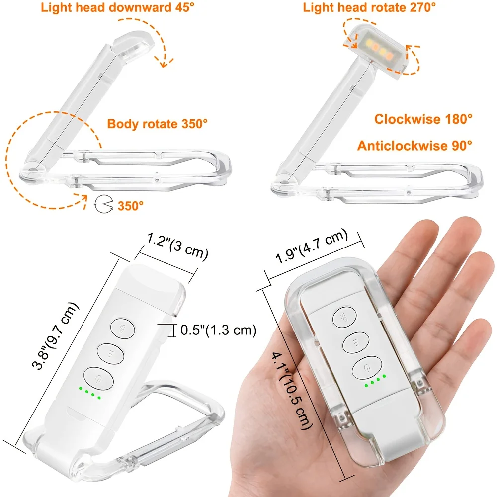USB Portable LED Book Light 3 Color Temperatures 5 Brightness Levels 360° Rotatable Clip Eye Care Lamp For Reading Travel
