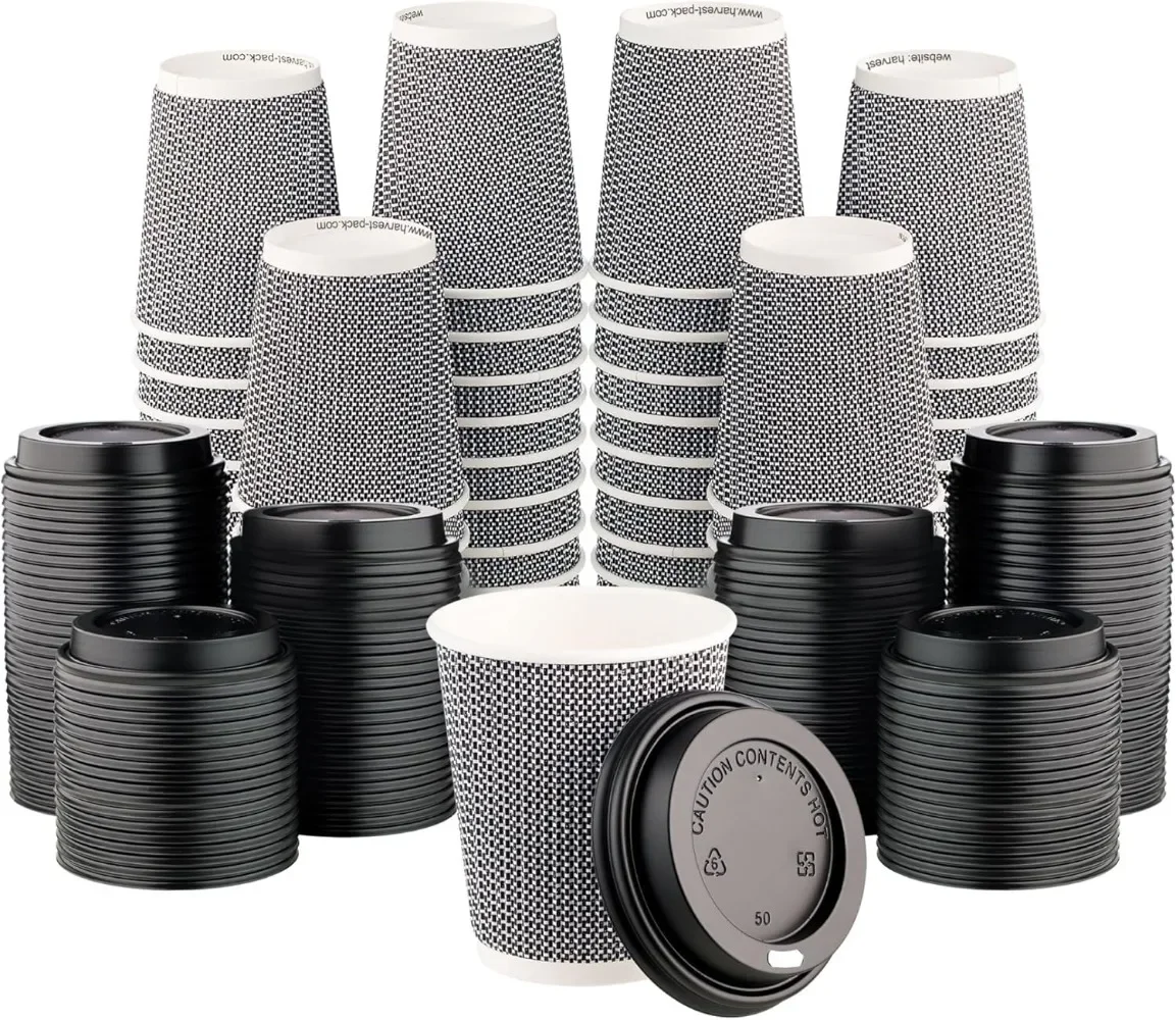 [600 SET]8 oz Disposable Coffee Cups, Insulated Ripple Double-Walled Paper Cup with Lid, Black and White Geometric