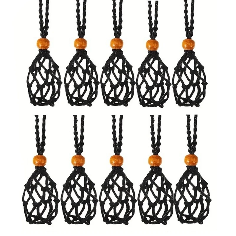 Pack of 10 Natural Stone Pendant Net Pocket Necklace Unique Adjustable Cord Choker for Crystal Display Handmade Jewelry