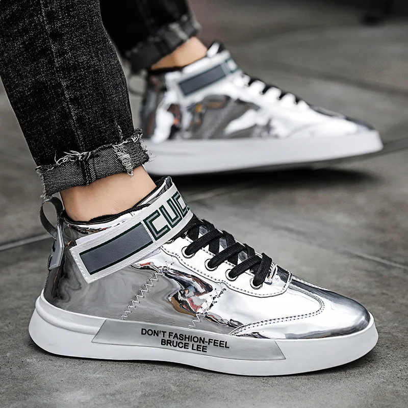 Hot Fashion Glitter Mens Golden Shoes Luxury Brand Sneakers Men Hip Hop Designer Skateboard Shoes Casual High Top Sneakers Male