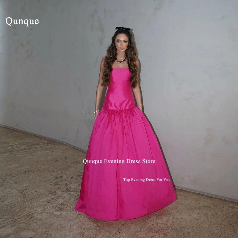 

Qunque Fuchsia Long Satin Vestidos De Noche Customized Prom Dresses Elegant Off Shoulder Sleeveless Formal Event Evening Gowns