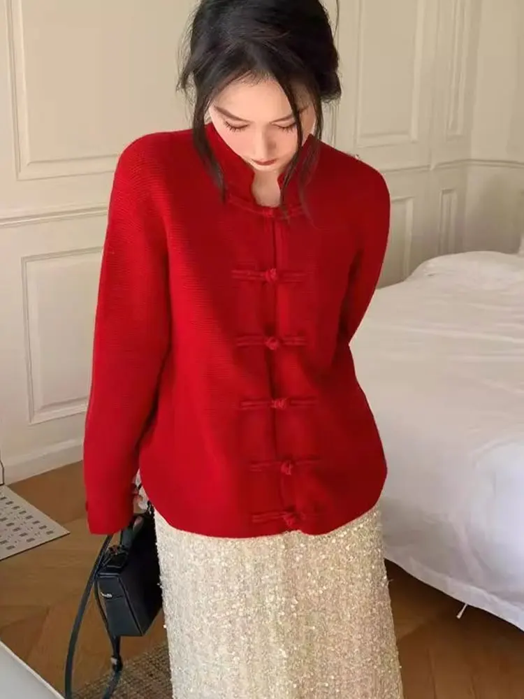 

Мягкий удобный красный вязаный открытый кардиган Long Sve New Chinese Sle Small ence Design Sense Топ на пуговицах