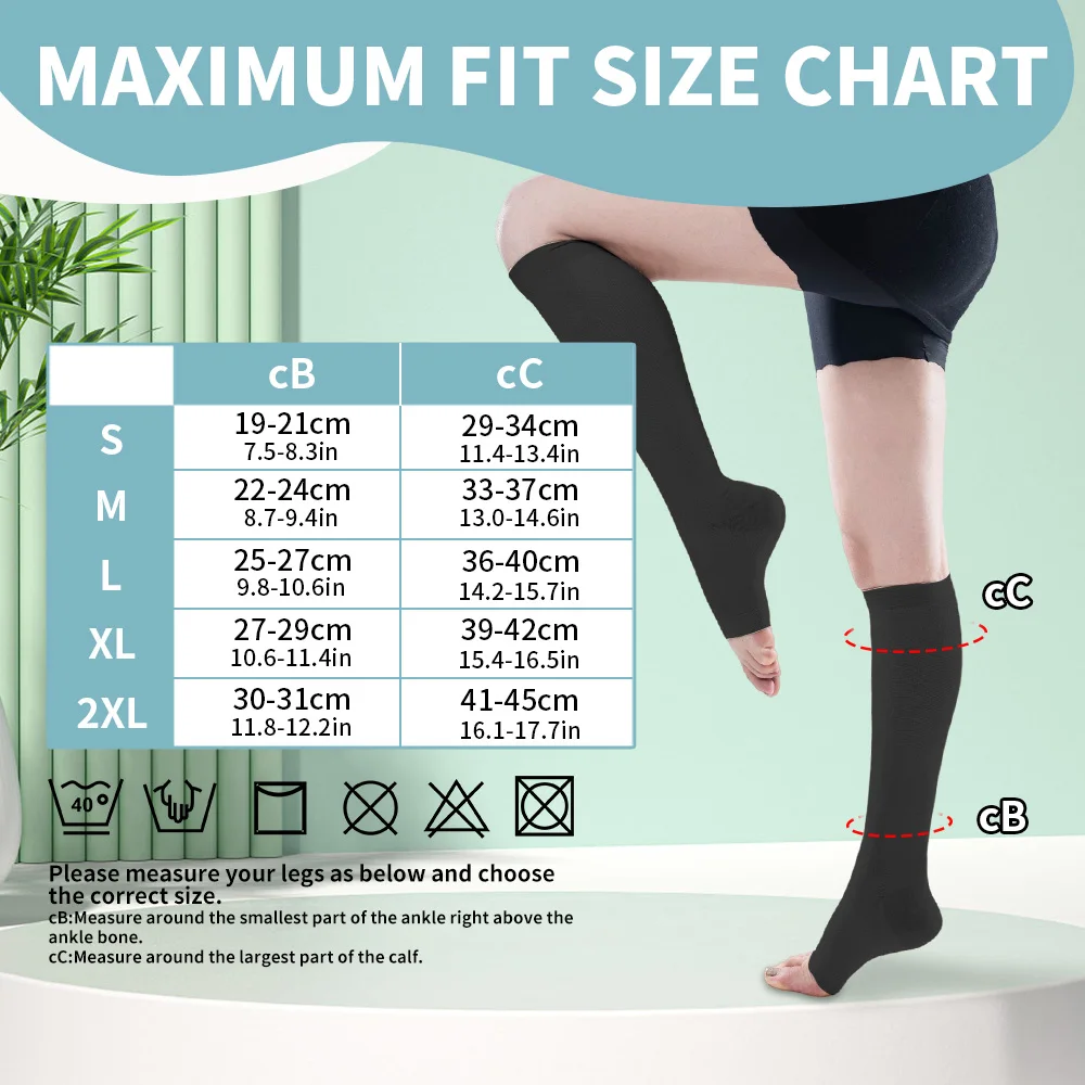 Legbeauty S-XXL Compression Socks for Varicose Vein Calf Riding Socks Stretch Open Toe Knee High Stockings Black Color